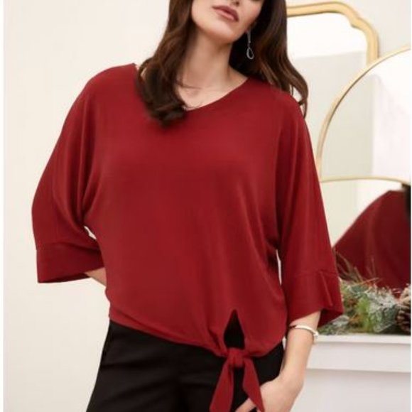 LAURA:  Tie Detail 3/4 Sleeve Top - red - Picture 1 of 8